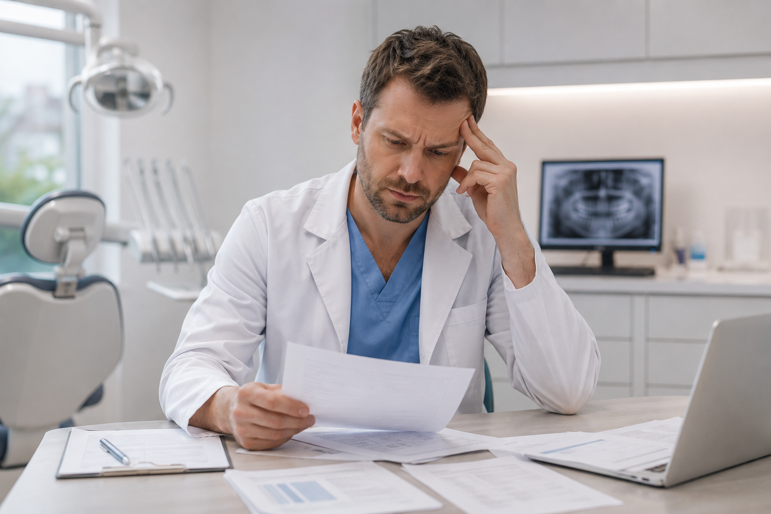 Dentist reviewing practice paperwork at a desk in the operatory