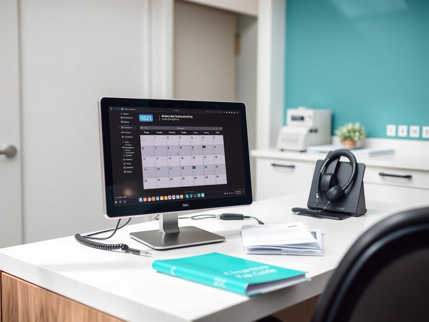 Dental office front desk with a scheduling screen, headset and fee guide
