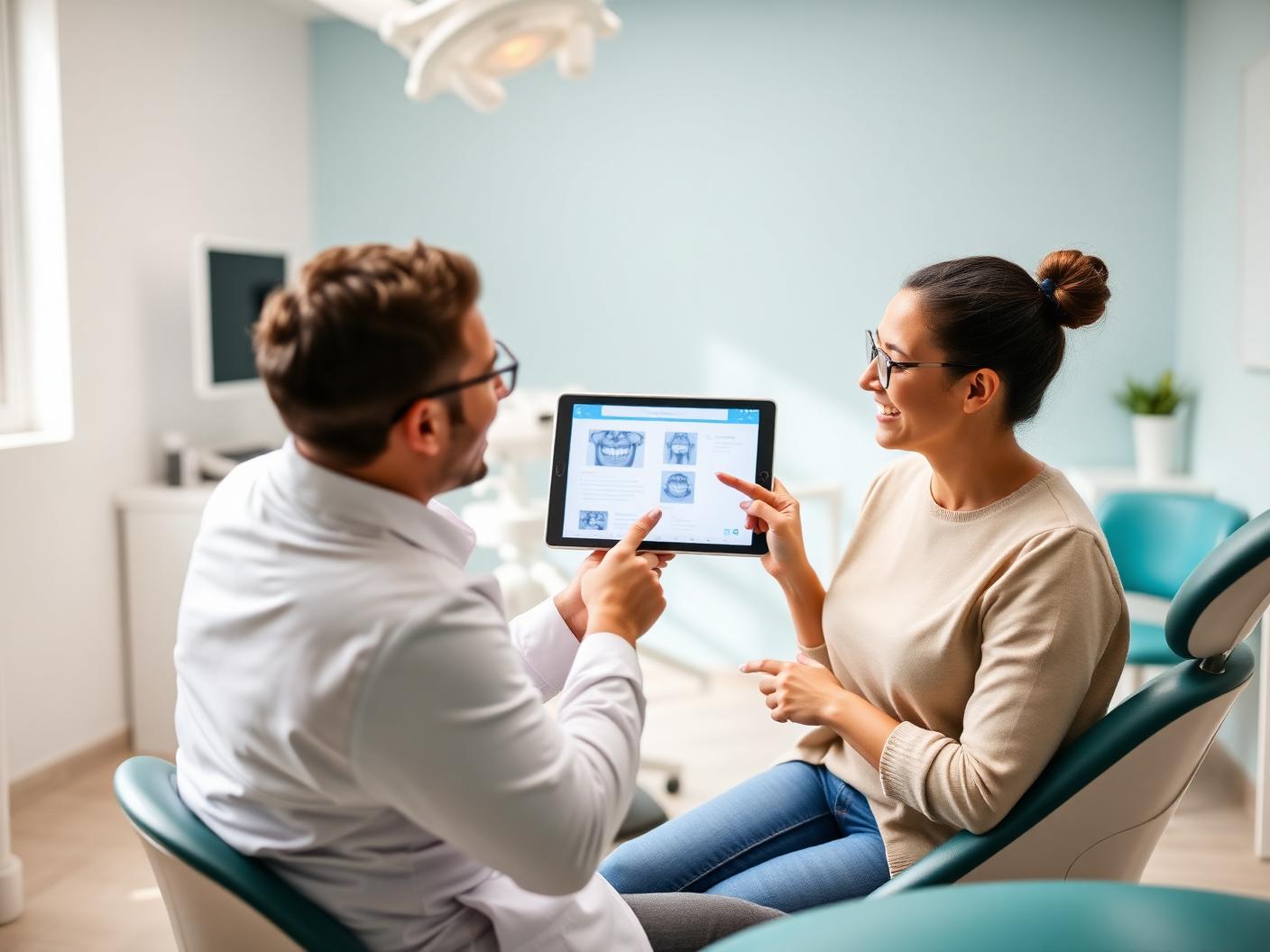 Dentist reviewing a treatment plan on a tablet with a smiling patient