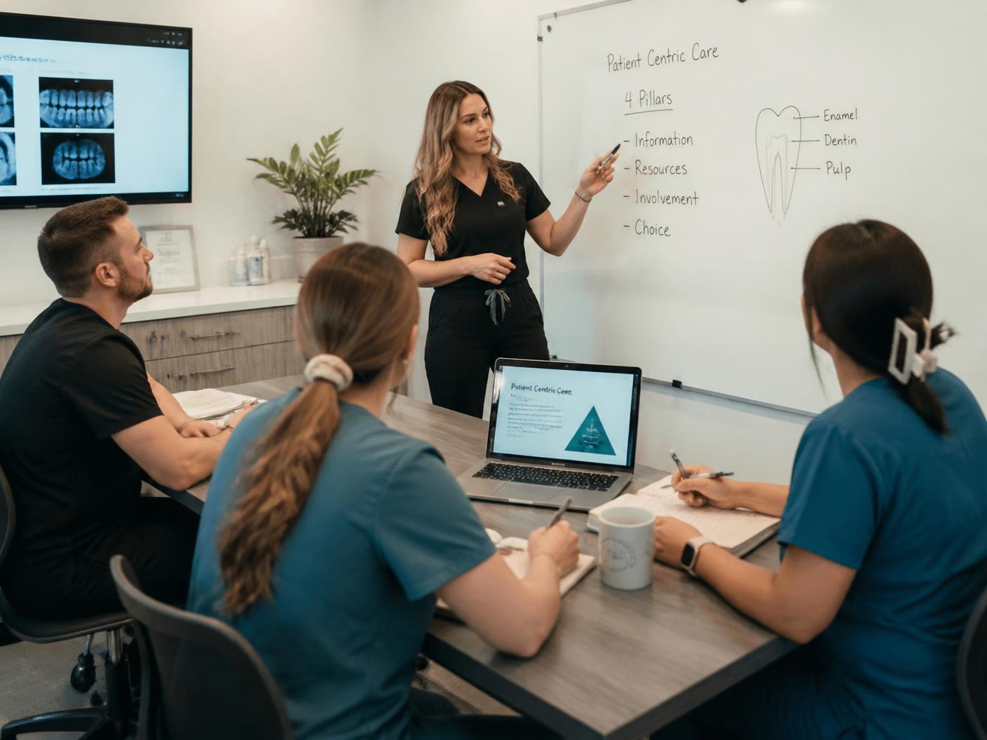 Dental team in a training session with a facilitator at a whiteboard